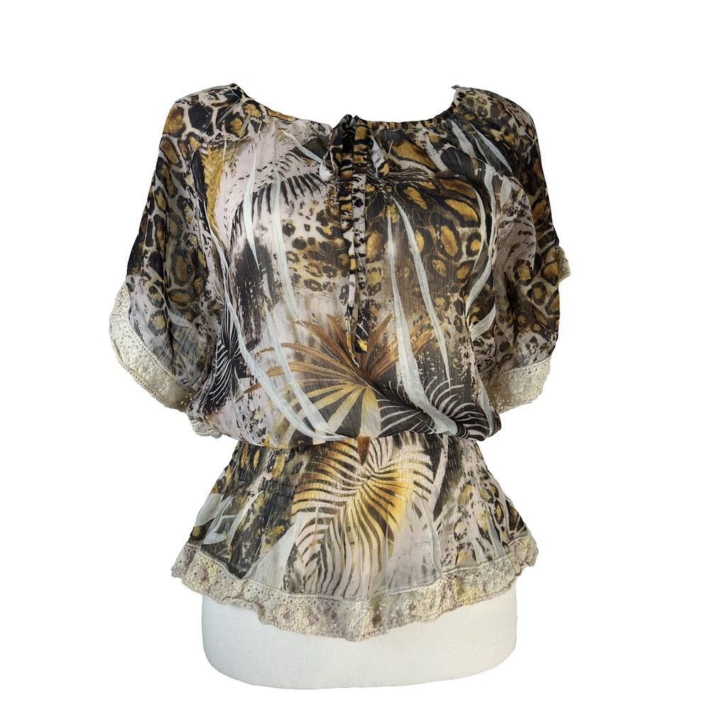 Whimsygoth Animal‎ Print Boho Cropped Peasant Blouse Sz PS w/ Crochet Lace Trim
